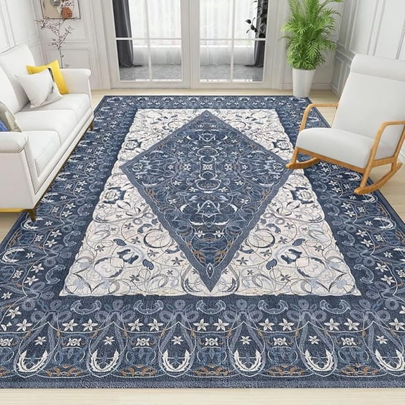 Navy Blue Geometric Pattern Area Rug, Vintage Bohemian Non Slip Stain Resistant Print Rugs, Soft Machine Washable Carpet For Indoor Bedroom Living Room Office Decor Rug 3x4ft