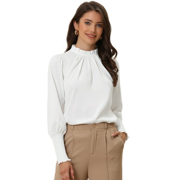 Blusa de Manga Larga con Cuello de Volantes para Mujer blanco S