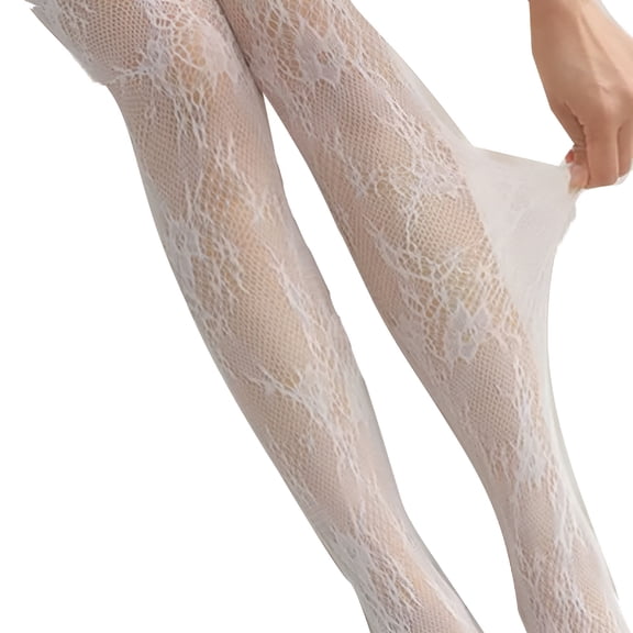 TELOLY Women'S Tights Sexy Pattern Fishnet Ribbon Floral Print Pantyhose Stockings Leggings Free Size (Without Panties), White