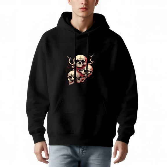 Men's Long Sleeve Hoodie Pullover Sweatshirt with Pockets - Edgy Skull Graphic Design in White Beige & Red Lightning Accents