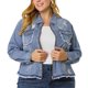 thumbnail image 1 of Women's Plus Size Denim Jacket Turndown Collar Chest Pocket Frayed Hem Crop Jean Jackets Blue 1X, 1 of 7
