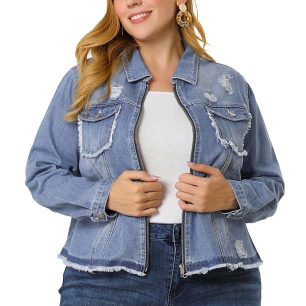 Women's Plus Size Denim Jacket Turndown Collar Chest Pocket Frayed Hem Crop Jean Jackets Blue 1X