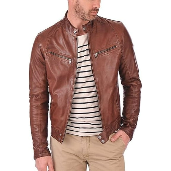 Men Slim Fit Biker Motorcycle Brown Lambskin Leather Jacket Coat Outwear Jackets A490