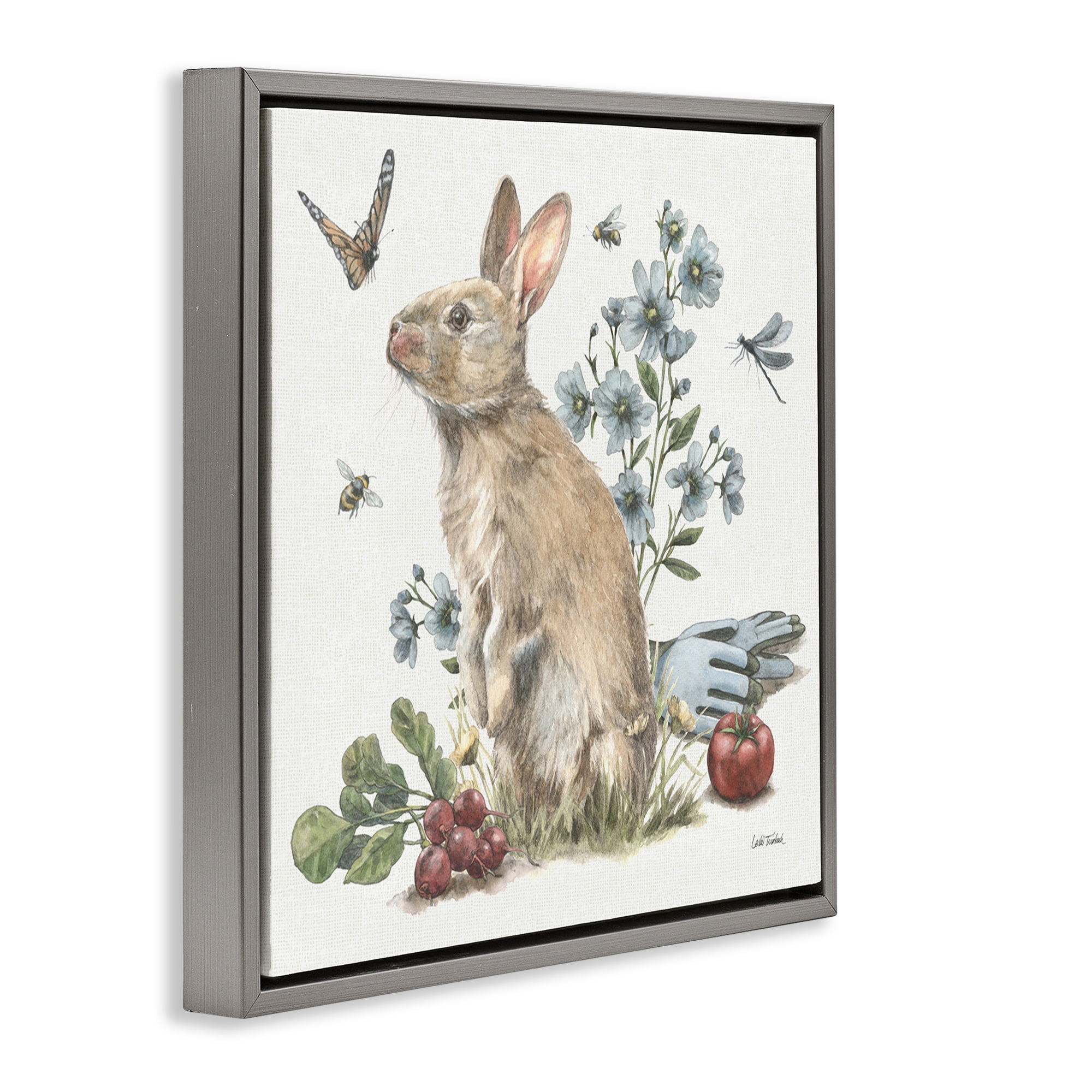 Stupell Industries Garden Patch Bunny Animals & Insects Painting Gray Floater Framed Canvas Art Print Wall Art, 18 x 18