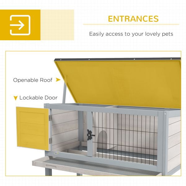 Elevated Rabbit Hutch, Wooden Bunny Cage with Hinged Asphalt Roof and Removable Tray, for Indoor/Outdoor, Gray