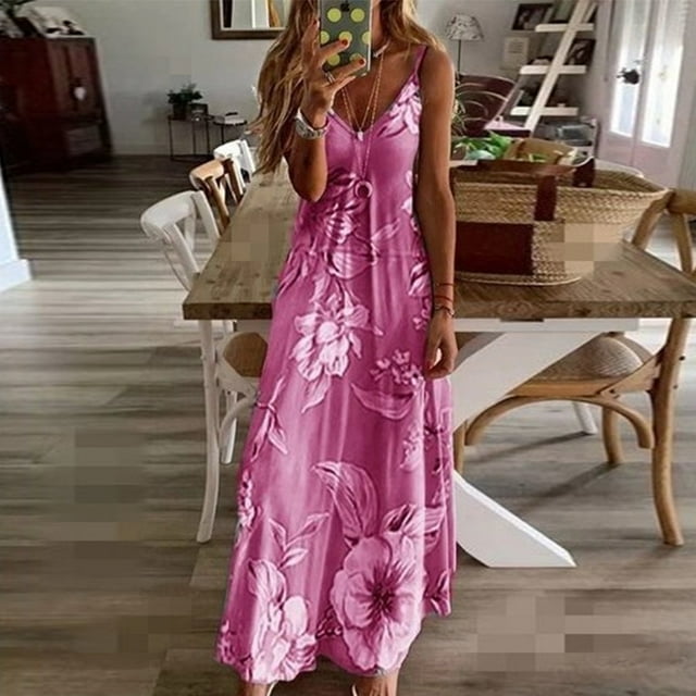 Robe Boho à Bretelles Spaghetti Florale Vintage Imprimé Floral Sans Manches Longue Maxi Robes Été Plage Vacances Robe d'Été (Vert, P)