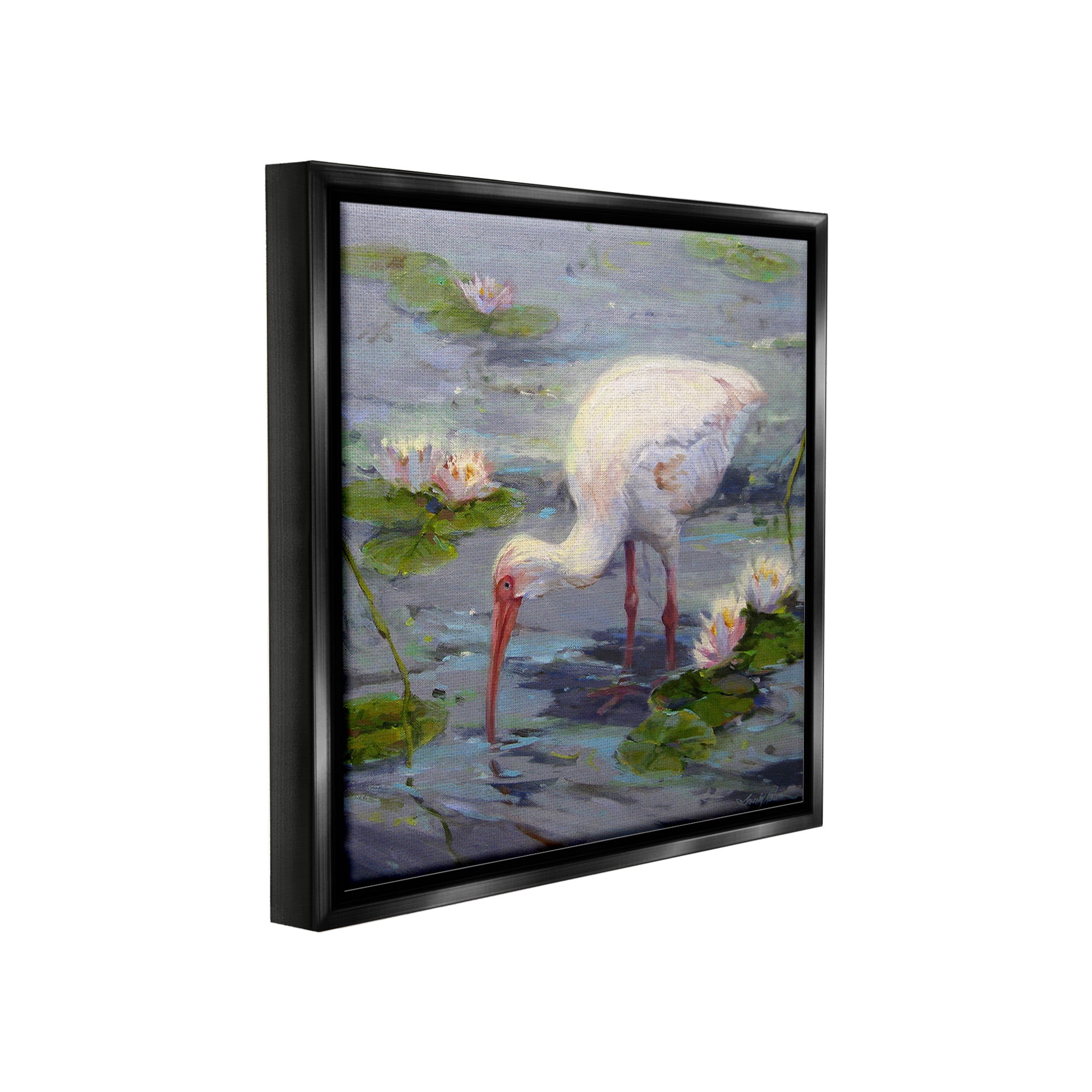 Stupell Industries Water Bird with Pond Lilies Animals & Insects Painting Black Floater Framed Canvas Art Print Wall Art, 25 x 25
