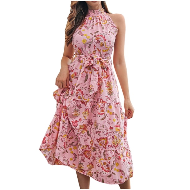 Vestido largo para mujer, informal, sexy, a la moda, de verano, estampado Vintage, con cuello Halter y lazo Pompotops ghjkhdj6526