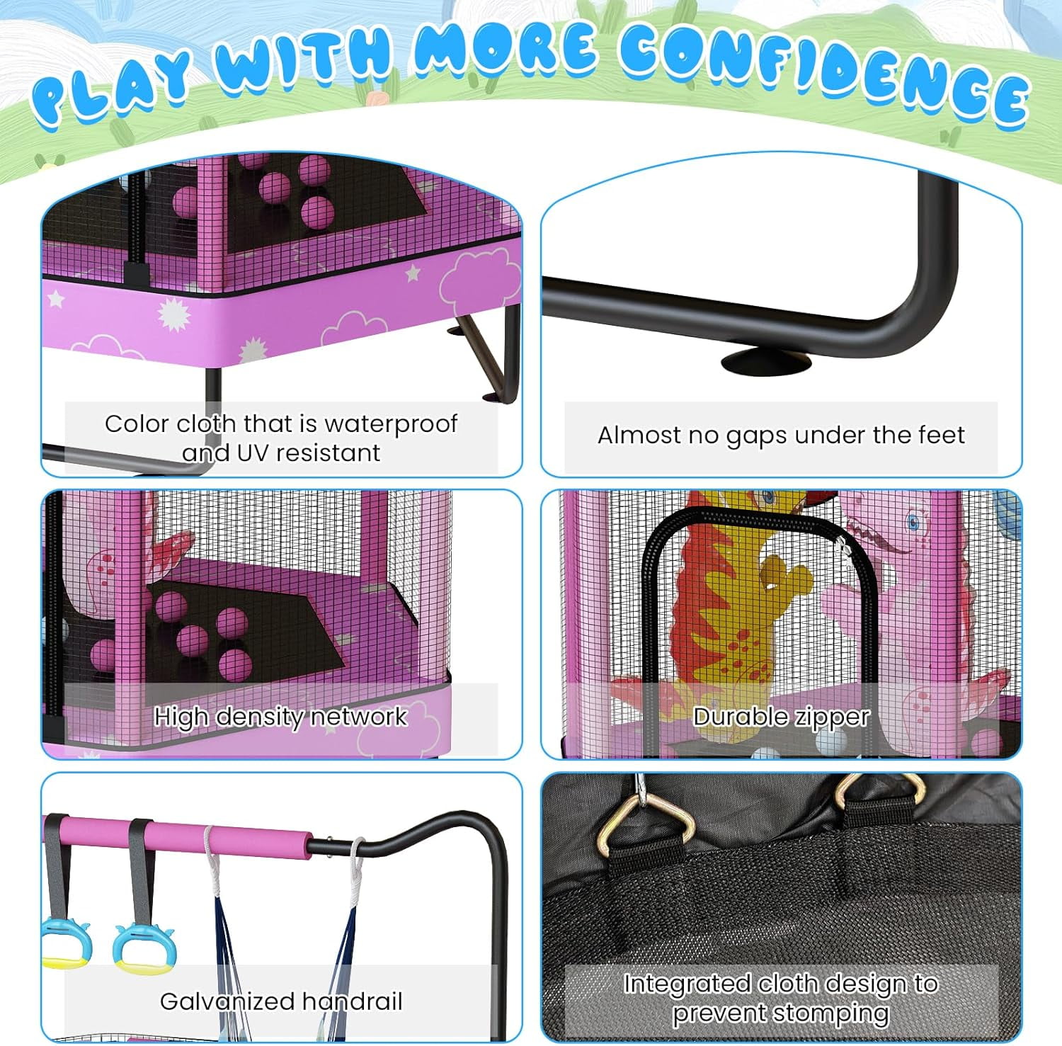 Baxluxe Toddler Trampoline for Kids Ages 3-8, 55in 7-in-1 Upgraded Pink Indoor Trampoline with Net ,500lbs Capacity Safe Trampoline, Mini Trampoline Boys Girls Toys Adjustable Height