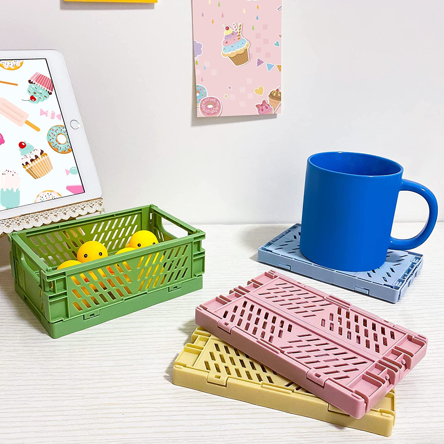 D1resion 4Pcs Mini Stackable Crates Decor Danish Pastel Aesthetic Stacking  Folding Plastic Storage Crate Foldable Bin Baskets Tray with Handles for