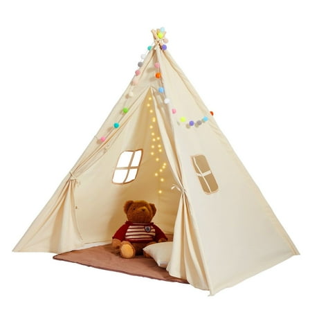 Play Tent for Toddlers 1-5 Years, Teepee Tent with Mat & Decorations, Indoor Outdoor Playhouse for Boys Girls, Beige