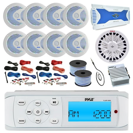36' - 42' Boat: Pyle Bluetooth MP3 USB AM/FM Weatherproof Receiver, 8x 6.5'' Marine Speakers w/ LED Lights, 8 Channel Amp, 4 Ohm Sub, 2 Channel Amp, 2X 8-G Amp Install Kit, 18-G 100 FT Wire,