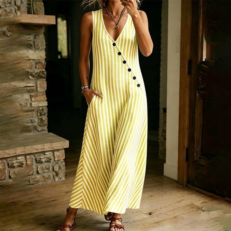 Eagokdc Sleeveless Dresses for Women V Neck Loose Sleeveless Casual Ladies Summer Cotton Tank Top Maxi Dress Size S-2XL