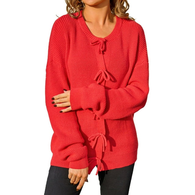 WEIYLL Women's Tops Bow Button Round Neck Long Sleeve Solid Color Knit Sweater Red Fall Clothing ,XL