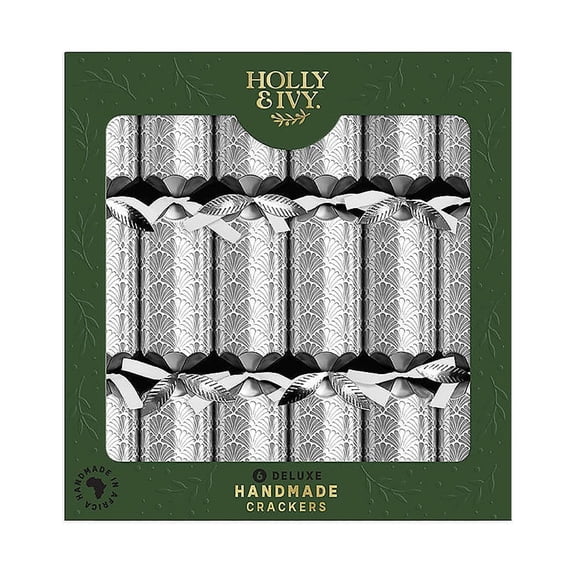 14" Holly & Ivy Silver Scallop Deluxe Christmas Party Crackers - 6 Pc.