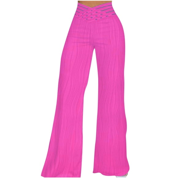 QUYUON Track Pants Fashion Summer Dressy Pants Wide Leg Cotton Linen Elastic Waist Solid Color Wide Leg Pants Linen Pants Women Full Pant Leg Length Track Pants Pant Style N-7661 Hot Pink S
