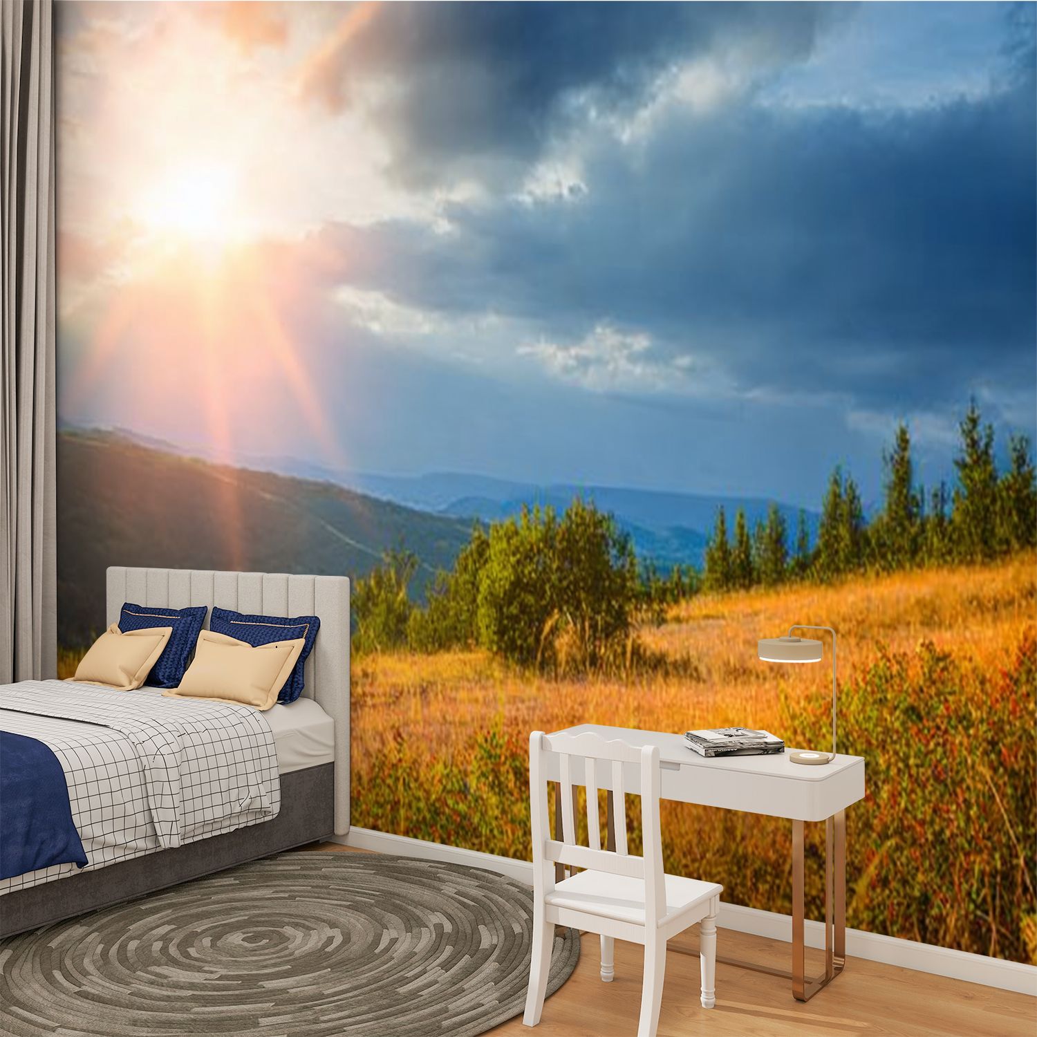 Peel and Stick Wallpaper Sunrise Carpathian mountains grassy meadows forested hill Wide photo Modern Art Wall Mural Decor Self Adhesive and Removable 100in x 144in