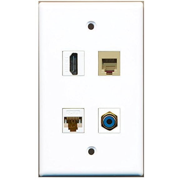 RiteAV - 1 Port HDMI 1 Port RCA Blue 1 Port Phone RJ11 RJ12 Beige 1 Port Cat6 Ethernet White Wall Plate