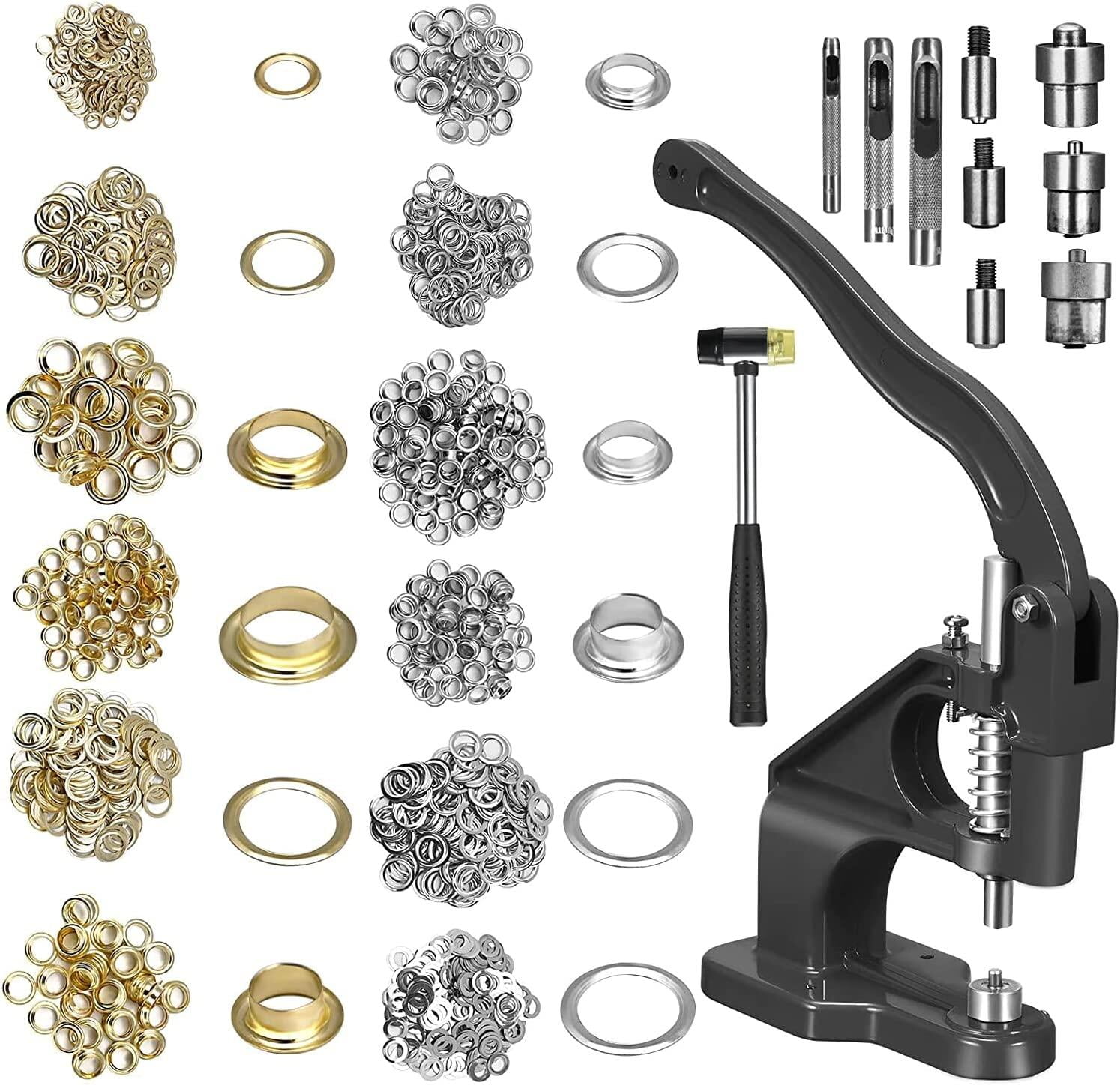 3000pcs Hand Press Grommet Machine, Heavy Duty Eyelet Grommet Machine Punch Tool Kit with Dies, Grommets, and Hammer for Snap Buttons, Rivets, Eyelets, and Pearls (Black)