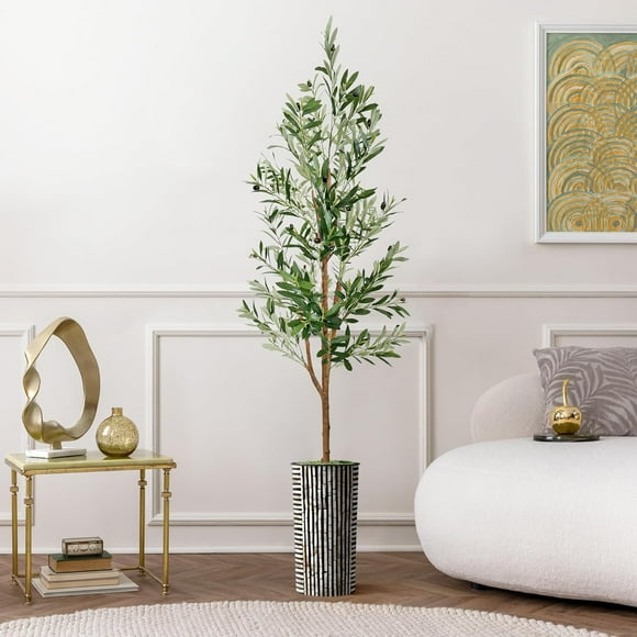 Artificial Tree in Black and Brown Striped Planter, Fake Olive Silk Tree for Indoor and Outdoor Home Decoration - 68" Overall Tall (Plant Plus Tree)