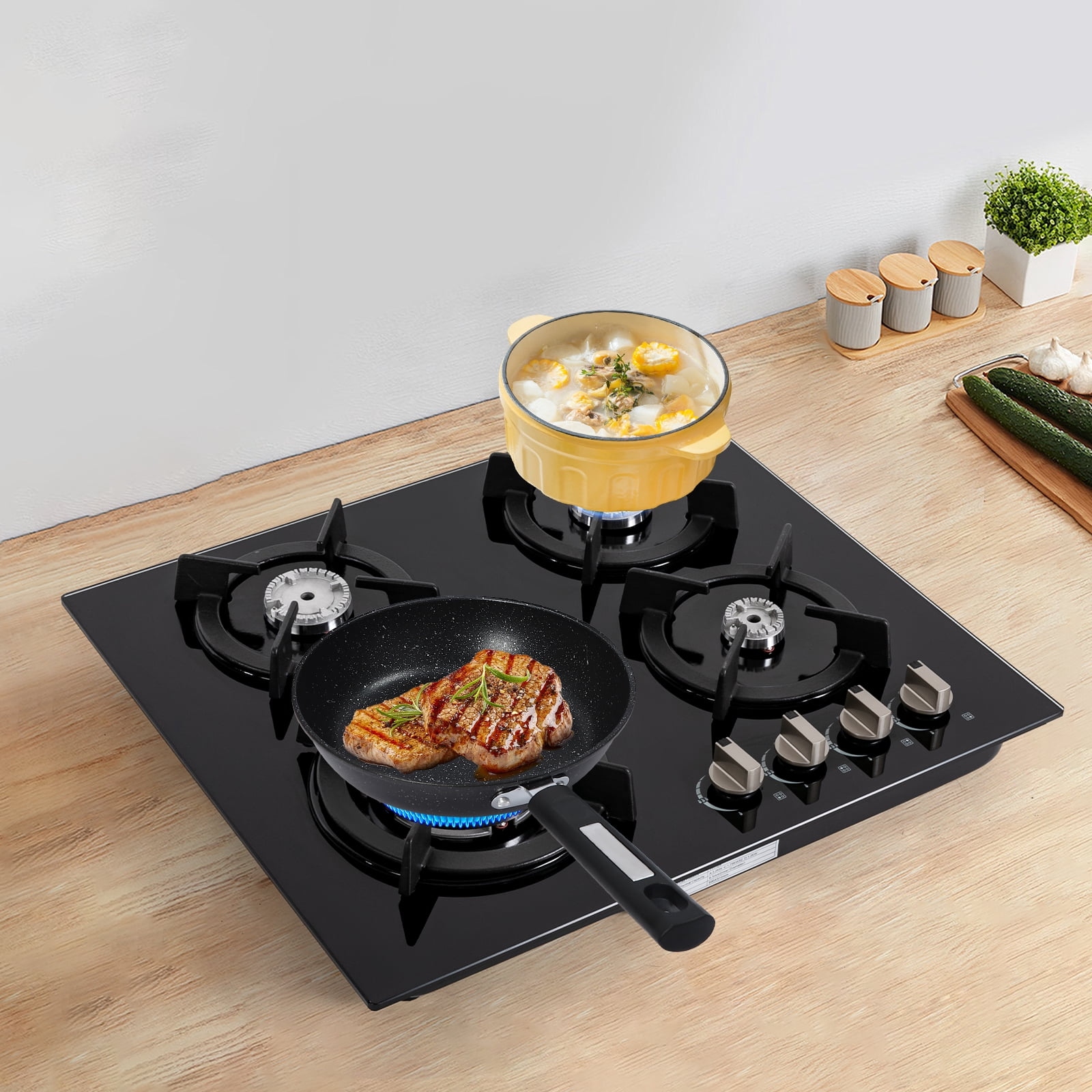 Gas Cooktop Stove Top 4 Burners NG/LPG Built-in Kitchen Gas Stove Tempered Glass for Homes, Restaurants