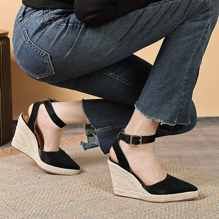 

Cathalem Casual Sandals for Women 8 Wide Women s New Slope Heel Thick Bottom High Heel Pointed Straw Clear Flat Sandals for Women Black 8.5