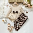 thumbnail image 2 of Huowey Toddler Fall Outfit Ruffled Sleeve Knitted Solid Color Round Neck Patchwork Dress And Casual Leopard Leggings Stylish Fashion Outwear Fall Winter Girls Outfits,Beige,4-5 Years, 2 of 7