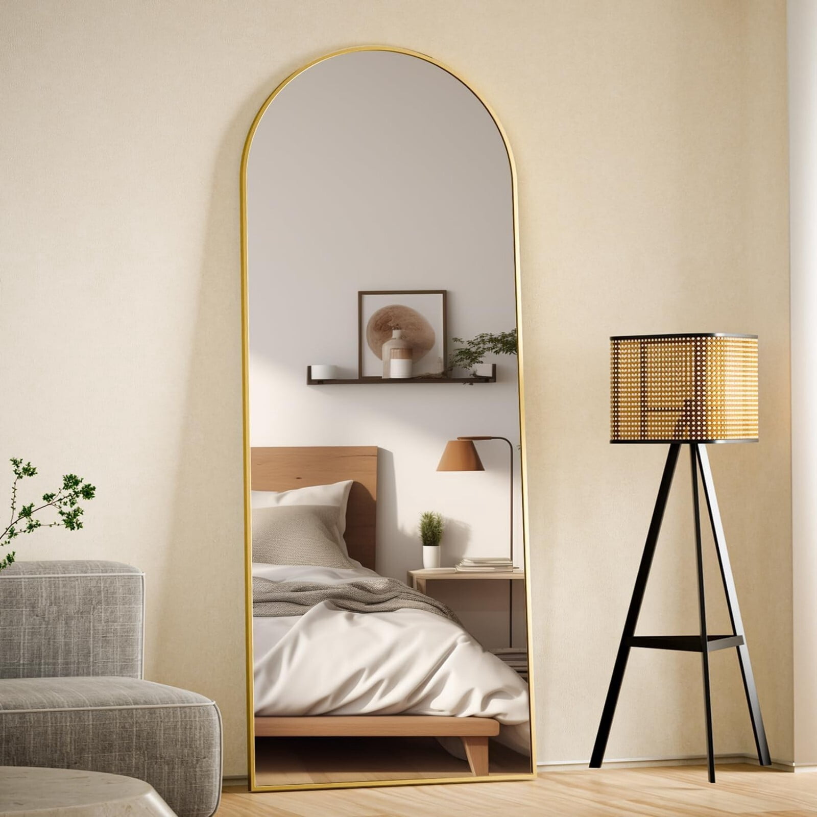 BEAUTYPEAK 71"x 26" Arched Full Length Aluminum Alloy Floor Mirror with stand, Gold