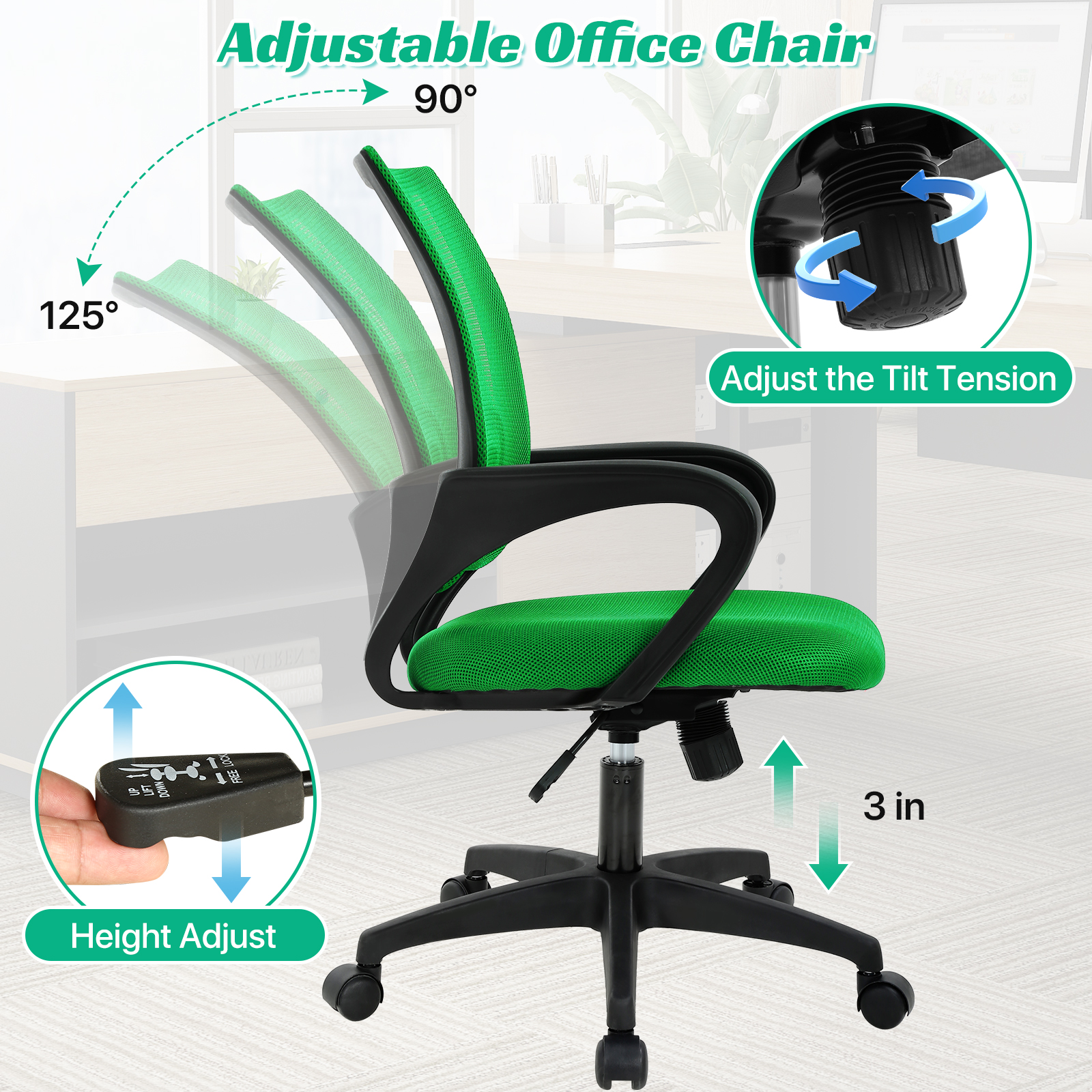 NiamVelo Mesh Office Chair Computer Desk Chair for Adults, Mid Back Rolling Chair Cheap office chairs with Lumbar Support Armrest for Home Office,Green（2 Pack）