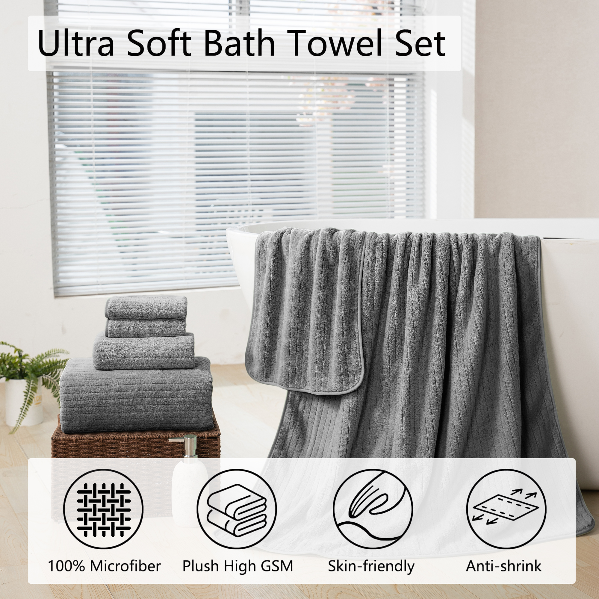 Jessy Home 4-Pack Striped Bath Towel Set, Dark Gray photo 3