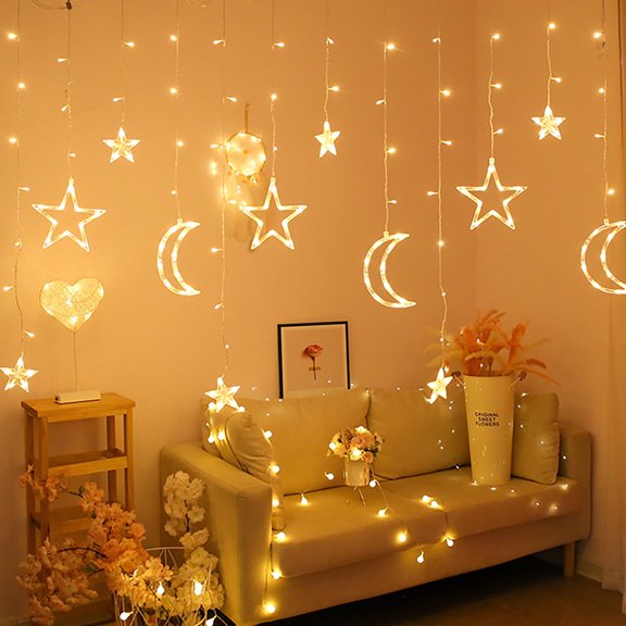 BSJJY Led Curtain String Light Star Moon Icicle Light with 8 Lighting Modes with Timer Remote power supply Operated Dimmable Fairy String for Window Wall Home Decoration