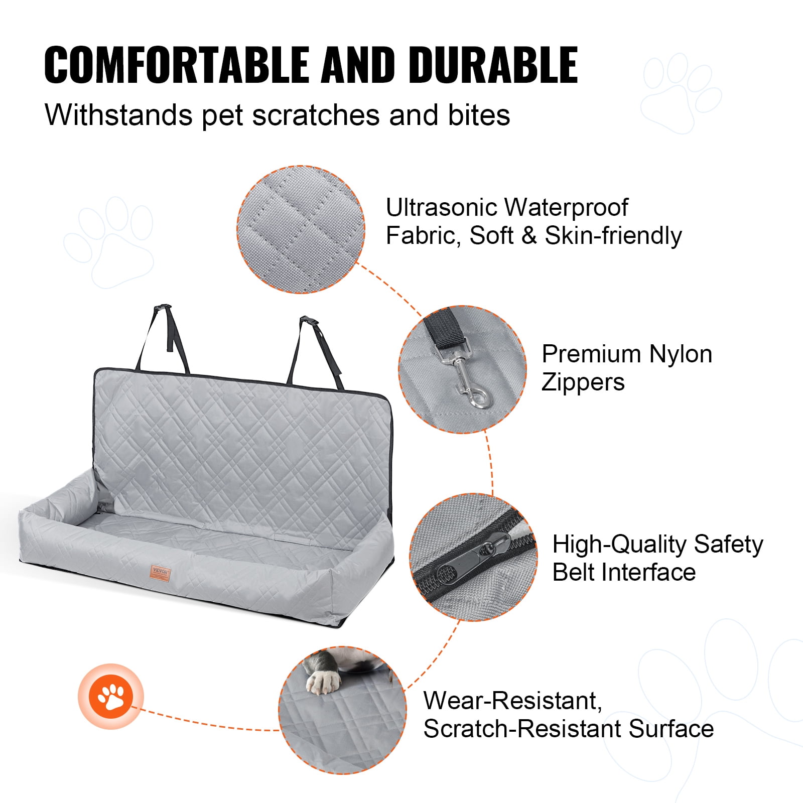 VEVOR Dog Car Seat, Waterproof Dog Booster Seat for Car, Pet Car Seat with Clip-On Safety Leash, PP Cotton Filling, Dog Car Bed for Medium & Large Dog up to 100 lbs, Gray
