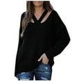 thumbnail image 2 of Abcnature Women Solid Color Loose Knit Sweater Temperament Stitching V-neck Tops Plus Size Tops for Ladies Autumn Winter Casual Loose Tunic Blouse Black M, 2 of 5