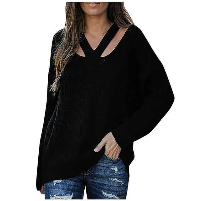 Suéter de punto suelto de color sólido para mujer Costura de temperamento con cuello en V Tops Fridja ghj987+1927