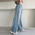 thumbnail image 4 of Girls Jeans Stretchy New Washed Wide Leg Denim Pants Girls High Waisted Baggy Jeans Ornamental Button Elastic Waist Pull on Pants for School Uniform, 4 of 9
