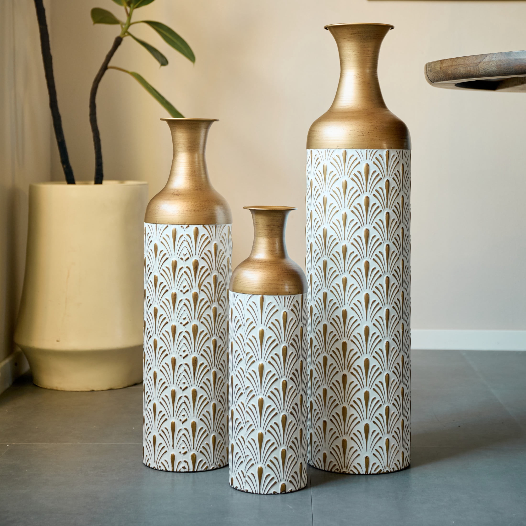 Noble House 3-Piece Metal Floor Vase Set, Decorative Vases with Fan Pattern, Antique Brass + White