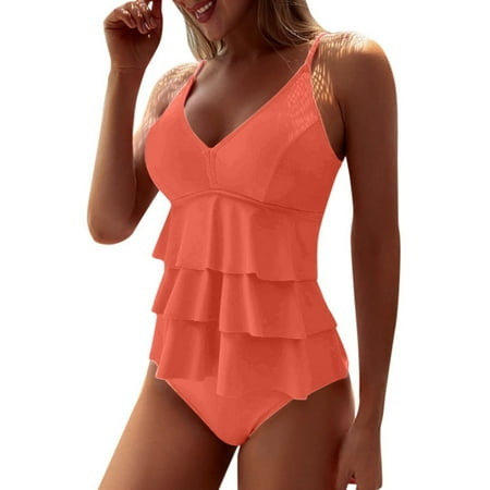 Womens Bikinis Summer Solid Color Spaghetti Strap Camisole And Panty Set Ruffled High Waist Shorts Two Piece Tankini Swimsuits For Women Beachwear Red L