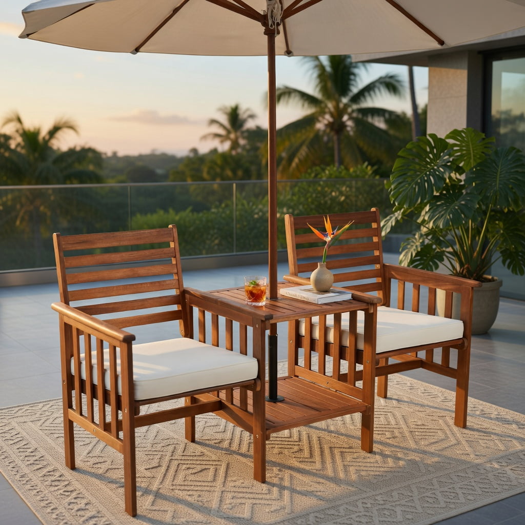 Hommoo 3-Piece Acacia Wood Outdoor Patio Furniture Set, Loveseat with Cushions & Umbrella Hole Coffee Table, White