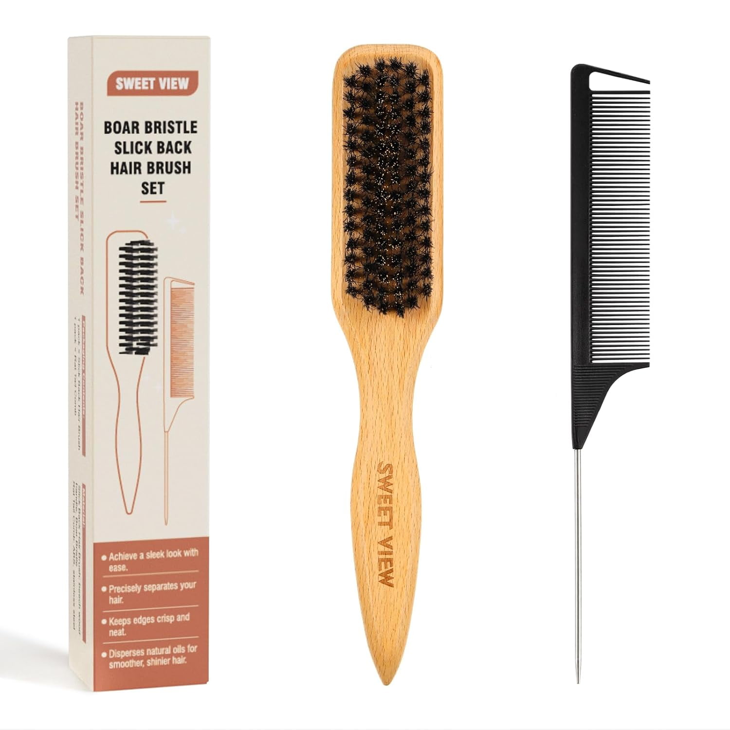 Boar Bristle Slick Back Hair Brush for Smooth Flyaways, Frizz, Sleek Ponytail, Buns and Edge Baby Hair, Teasing | Gel Comb Styling Accessories for Girls, Kids and Women