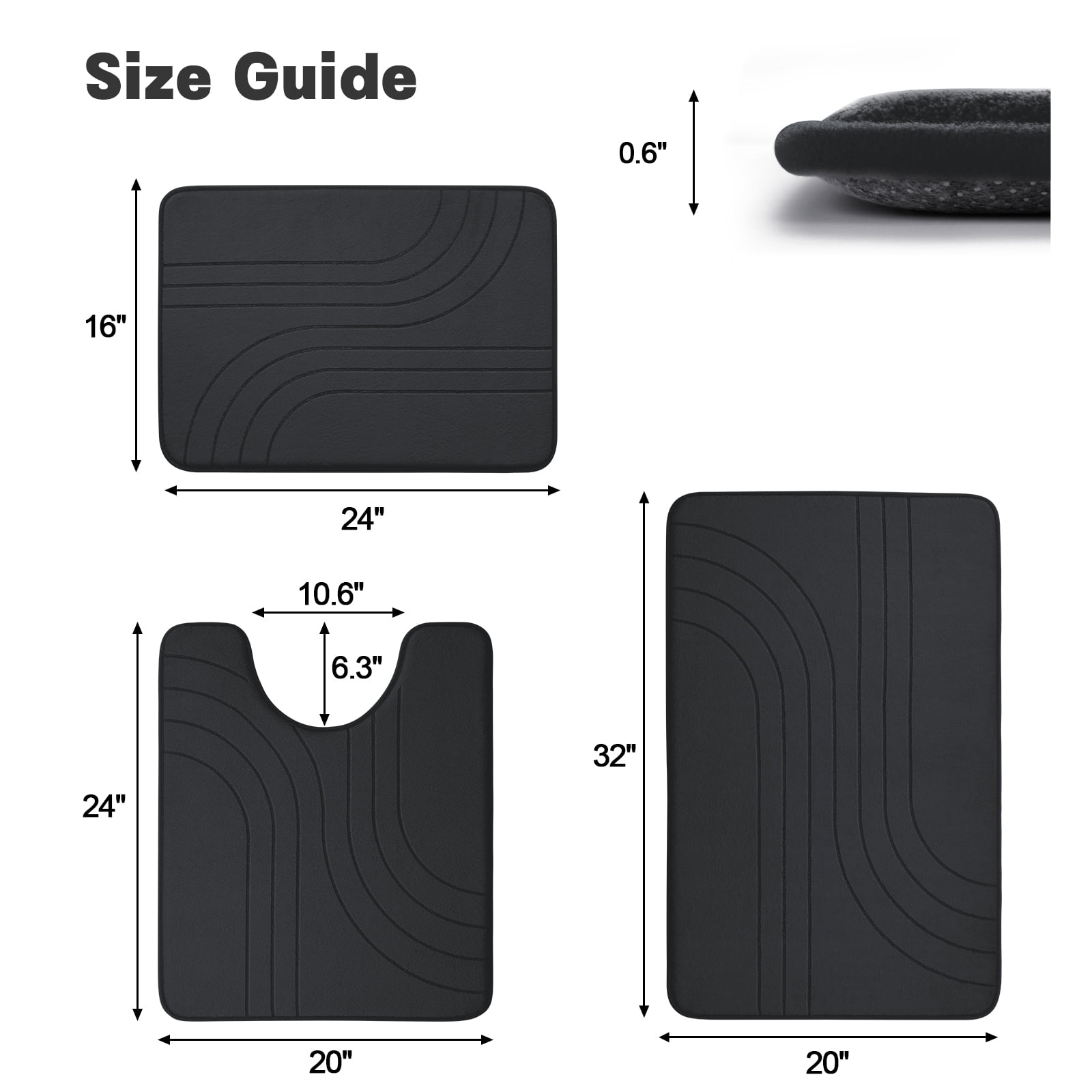 CHAKMEONE Bathroom Rug Sets 3 Piece,Non Slip Bath Mat Set with U-Shaped Toilet Rug,Super Absorbent Memory Foam Bathroom Floor Mats for Shower,Tub,Toilet,Black