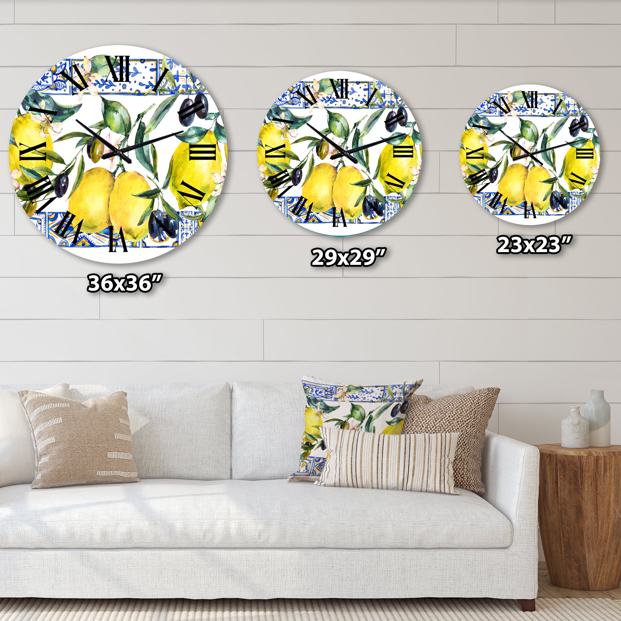 Designart 'Lemon Ornament On Blue Geometrical Pattern Ii' Tropical Wall Clock
