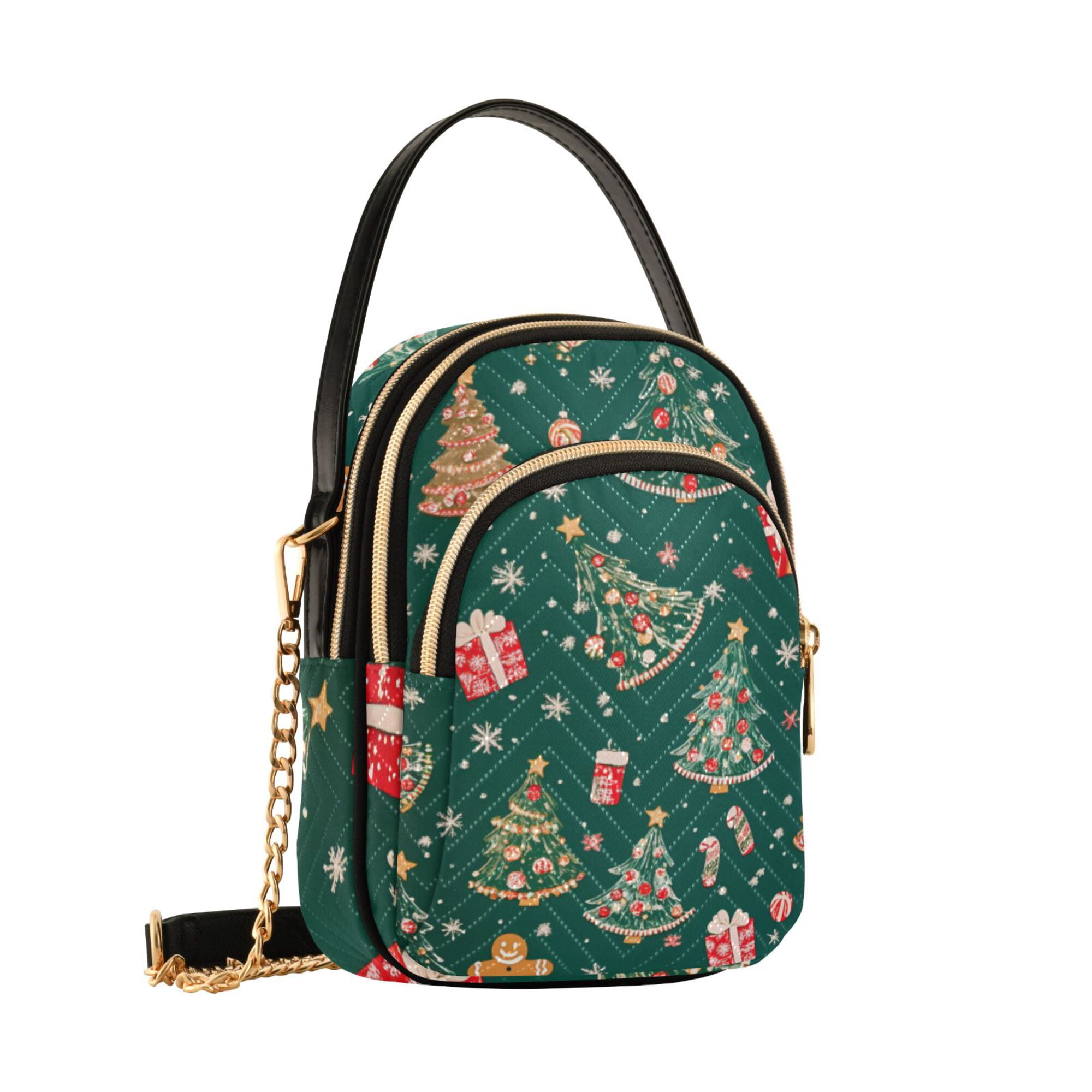FORMRS Crossbody Bag for Women Quilted Travel Shoulder Cell Phone Purse with Chain Strap Handbag, Green Christmas Gingerbread