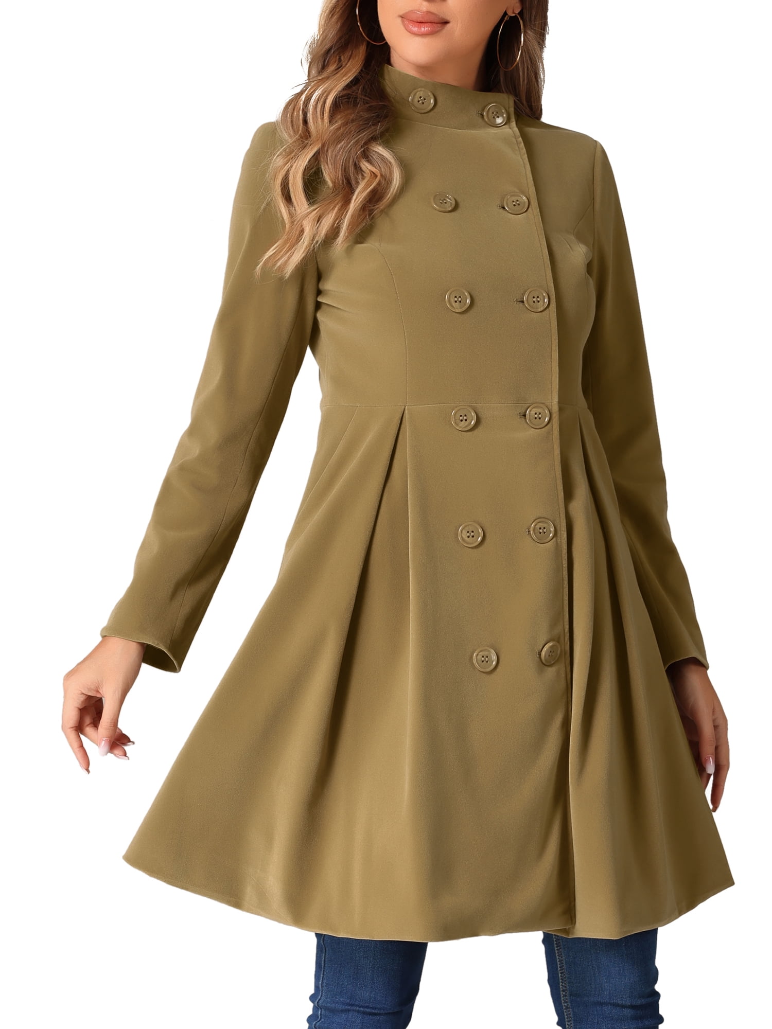 INSPIRE CHIC Women's Velvet A-Line Coat Double Breasted Stand