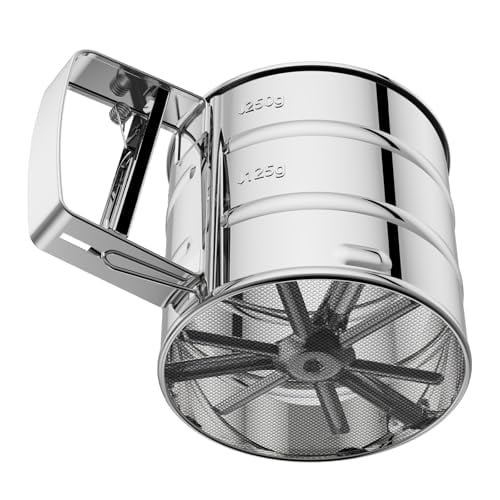 Flour Sifter 3 Cup for Baking,Crank Sifter with Professional Fine Mesh Baking Sifter Flour,One Hand Press Stainless Steel Flower Sifter,Excellent Flour Sieve Baker Dusting for Quick Sifting Omesata