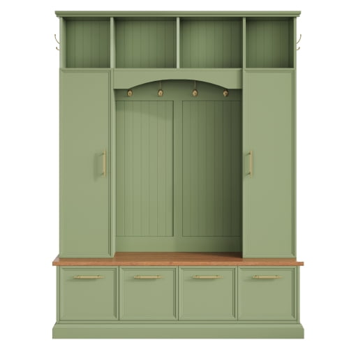 4-in-1 Farmhouse Wooden Hall Tree with Golden Hooks & Handles, Walnut Entryway Bench, Adjustable Shelves, 76.7" Tall Coat & Shoe Rack for Mudroom, Green
