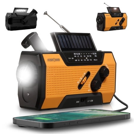 FosPower Emergency Solar Crank Portable Radio with LED Flashlight & USB Port Orange/Black