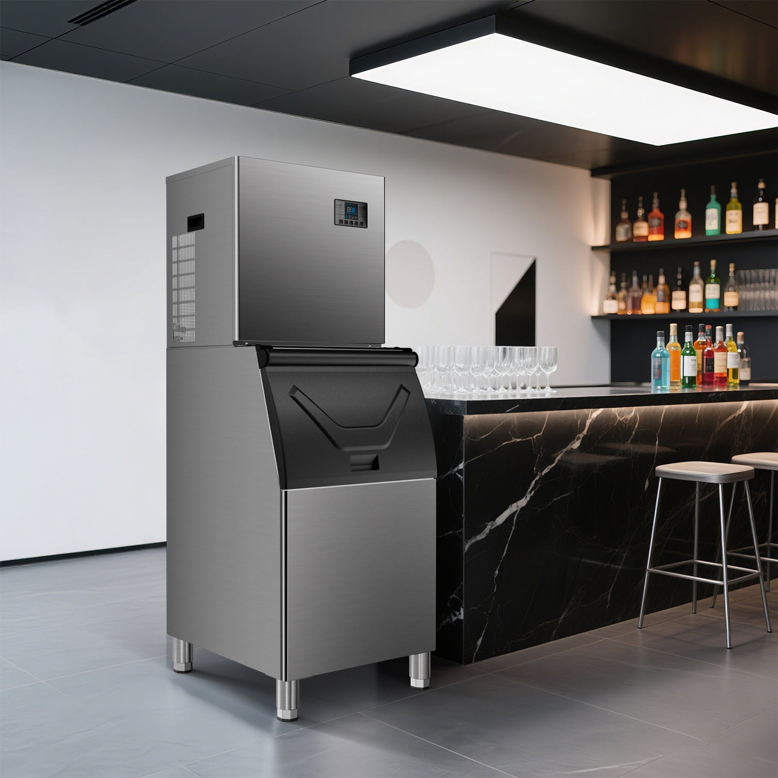 Commercial Ice Maker 380LBS Ice Storage Bin, Durable Stainless Steel and Adjustable Steel Feet