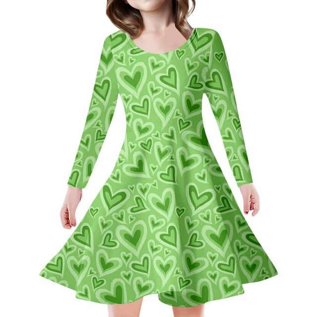 Toimothcn Robe pour Fillettes Manches Longues Décontractée Jour de la Saint-Patrick Trèfle à Quatre Feuilles Robe Imprimée Douce Respirante Ample Été Princesse Robe de Loisirs pour Fille