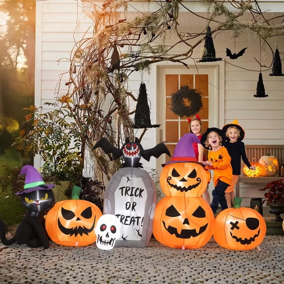EastVita 8 Ft Halloween Inflatables Outdoor Decorations Blow Up Pumpkin Black Cat with Build-in LED Lights Bat Tombstone Inlatable Decorations for Yard Lawn Porch Party