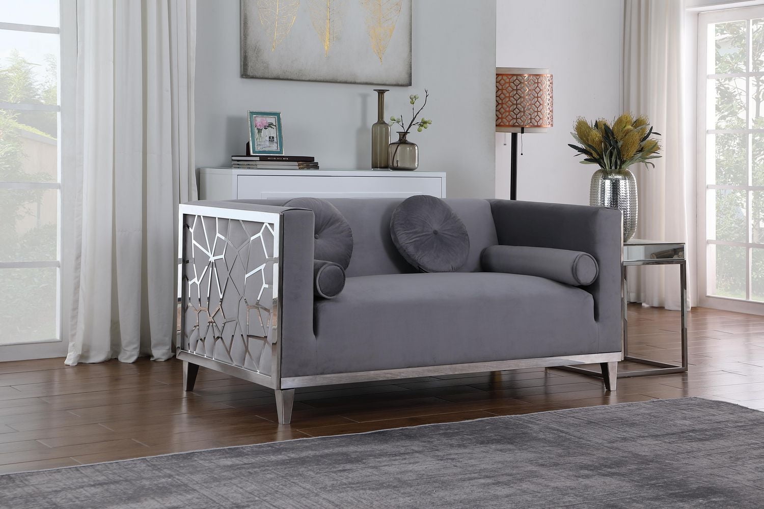 K-Living Darlene Grey Plush Velvet Sofa Set with Chrome Stainless Steel Detailing on Arm Sides (Includes Sofa, Loveseat and Chair)